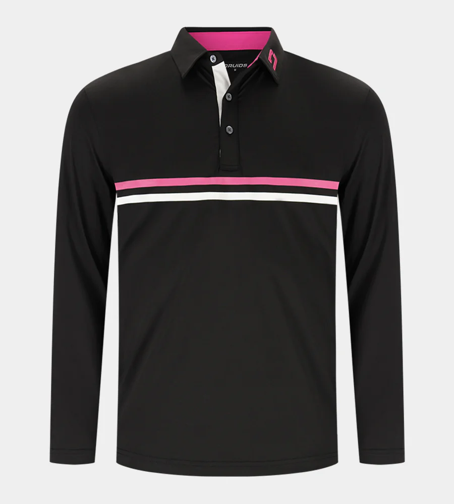 STRIPE PERFORMANCE LONG SLEEVE POLO - BLACK